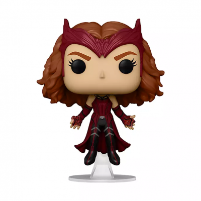Figura Funko Pop da personagem Scarlet Witch em vinil com fato vermelho e base transparente