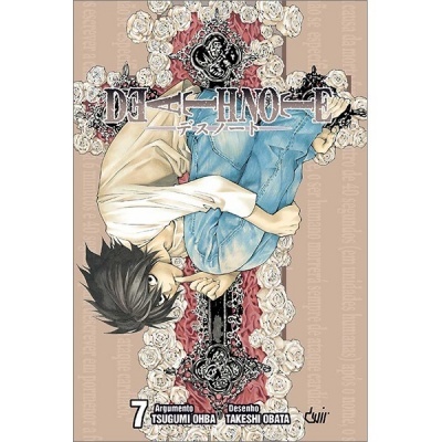 Capa do manga Death Note volume 7 com personagem masculino e cruz decorada com rosas.