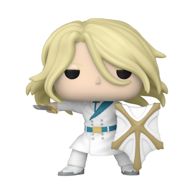 Figura colecionável Funko Pop com cabelo loiro, roupa branca, escudo com cruz dourada e adaga cinza
