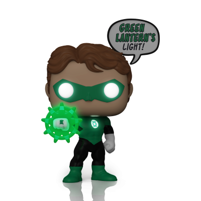Figura colecionável do Green Lantern com traje verde e preto e balão de fala.