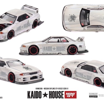 Miniatura branca Nissan Skyline GT-R (R32) com texto KAIDO HOUSE e motor exposto
