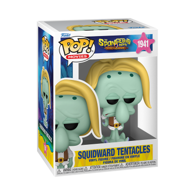 Figura de vinil Squidward Tentacles do filme SpongeBob em caixa branca com texto azul e amarelo