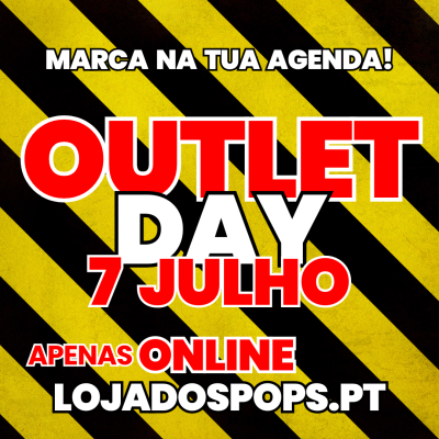 Cartaz promocional para OUTLET DAY em 7 de julho, texto em vermelho e branco sobre fundo amarelo e preto