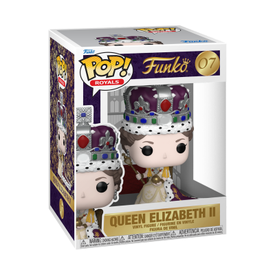 Figura Funko Pop Queen Elizabeth II com coroa roxa e capa real em caixa