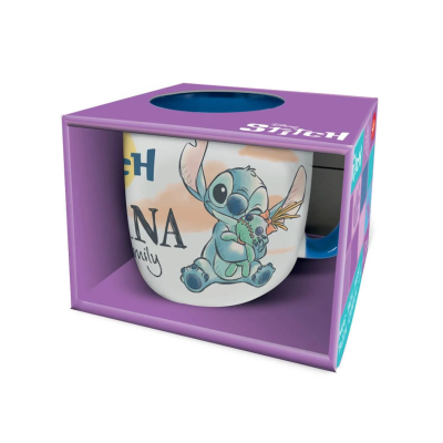 Caneca branca com ilustração do Stitch, pega azul, dentro de caixa roxa