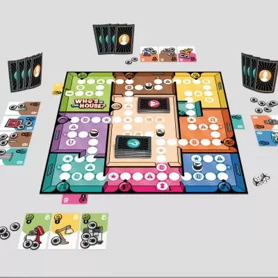 Jogo de tabuleiro colorido com cartas, peças e dados