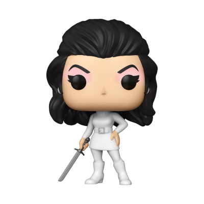 Figura Funko Pop de mulher com cabelo preto e roupa branca segurando espada