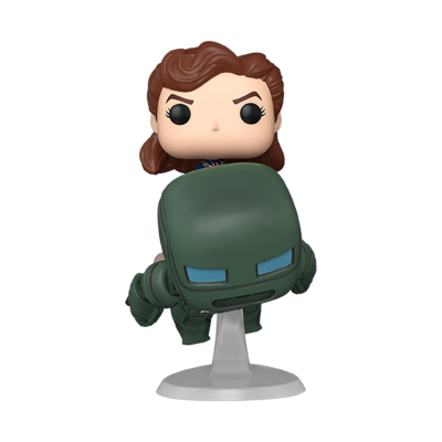 Figura Funko Pop de personagem feminina segurando capacete verde em base transparente