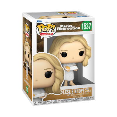 Funko Pop Leslie Knope com waffles da série Parks and Recreation em embalagem