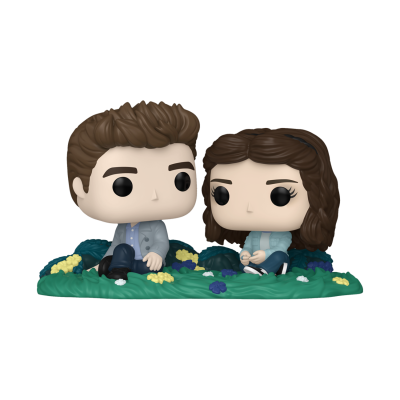 Funko Pop de dois personagens sentados na relva com flores coloridas.