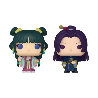 Duas figuras Funko Pop em trajes tradicionais coloridos