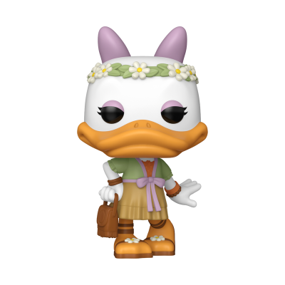 Figura Funko Pop de pato branco com touca floral e conjunto colorido.