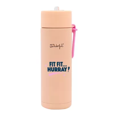 Garrafa térmica cor de pêssego com textos motivacionais e tampa com suporte rosa