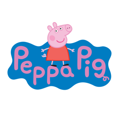 Personagem Peppa Pig rosa com vestido vermelho sobre fundo azul com texto Peppa Pig rosa