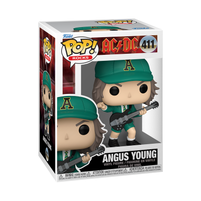 Funko Pop Angus Young AC/DC com touca verde e guitarra preta em caixa