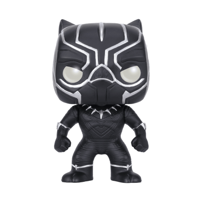 Funko Pop do Pantera Negra preto com detalhes prateados e olhos brancos