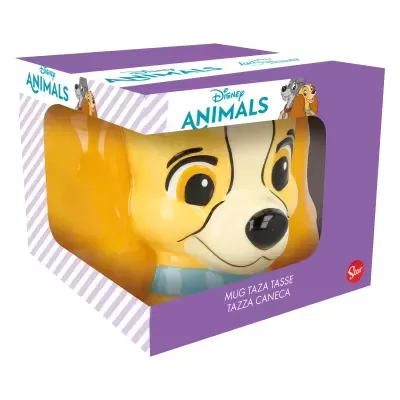 Caneca em forma da cara de cão amarelo em caixa roxa e branca Disney ANIMALS