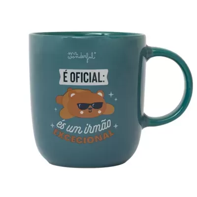 Caneca azul esverdeada com estampa de urso e texto em português