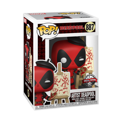 Figura Funko Pop! Artist Deadpool com boina e paleta de pintura na caixa