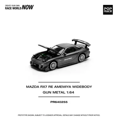 Miniatura de carro Mazda RX7 RE Amemiya Widebody preto Gun Metal na escala 1:64
