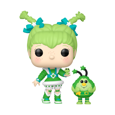 Boneca Funko Pop com cabelo verde claro e figura redonda verde ao lado