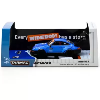 Miniatura de carro desportivo azul modelo RWB 993 em embalagem