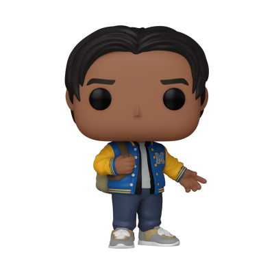 Figura Funko Pop com jaqueta azul e amarela, calças azuis e ténis brancos e amarelos