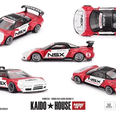 Miniatura carro de corrida Honda NSX vermelho, branco e preto com texto KAIHOUSE, NSX e HONDA