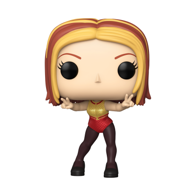 Figura Funko Pop de vinil com cabelo vermelho e loiro, roupa vermelha e dourada, botas pretas