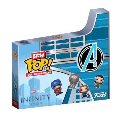 Embalagem azul do conjunto Bitty Pop! Collector Pack Marvel Infinity Saga com personagens dos Avengers em miniatura