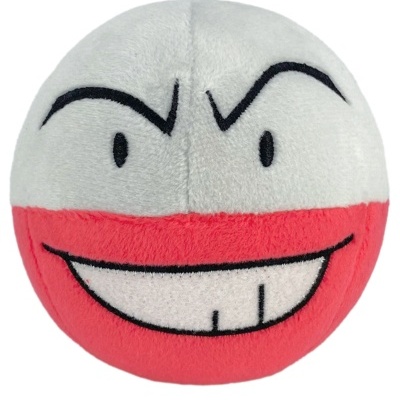 Pelúcia formato bola com rosto sorridente em branco e vermelho