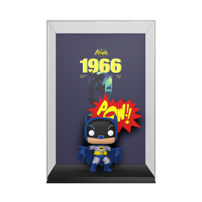 Funko Pop Batman 1966 com palavra POW num expositor de caixa de plástico transparente