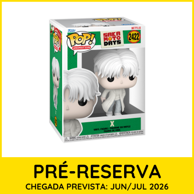 Funko Pop! Sakamoto Days figura X em caixa com fundo verde e texto de pré-reserva