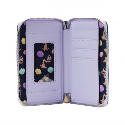 Carteira lilás com fecho e interior estampado de sereias e conchas