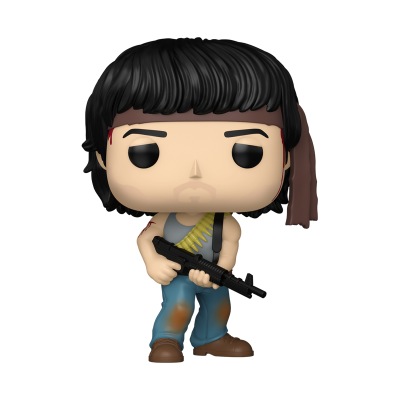 Boneco Funko Pop com cabelo preto comprido, bandana castanha, colete cinzento, calças azuis e arma preta