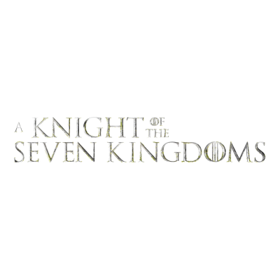 Texto A KNIGHT OF THE SEVEN KINGDOMS em letras metálicas desgastadas sobre fundo branco