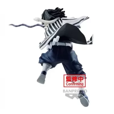 Figura de ação anime com roupa preta, branca e azul com selo Confirming BANPRESTO