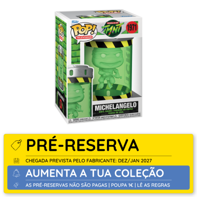 Funko Pop Michelangelo TMNT caixa verde com franjas amarelo-preto