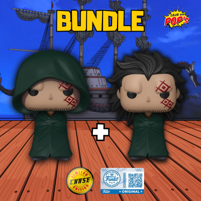 Duas figuras Funko Pop colecionáveis com temas de pirata em fundo de navio, texto BUNDLE e selos de edição especial.