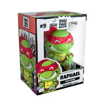 Figura vinílica Raphael com máscara vermelha e corpo verde e amarelo em caixa colorida