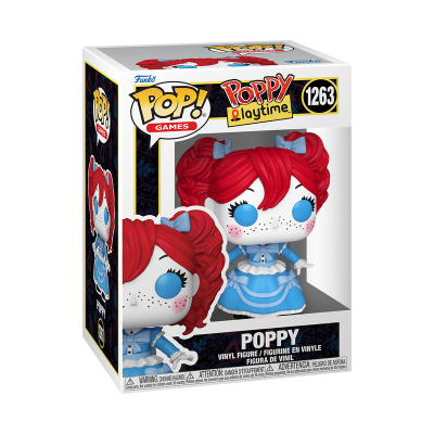 Figura Funko Pop! Poppy Playtime com cabelo vermelho e vestido azul na caixa