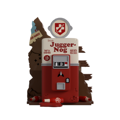 Máquina automática de bebidas Jugger-Nog vermelha e branca com garrafas no chão e parede de madeira danificada