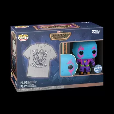Caixa Funko Pop! Guardians of the Galaxy 3 com figura de Drax e mini t-shirt cinzenta
