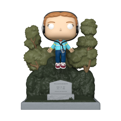Figura Funko Pop de rapariga ruiva com headphones e casaco azul em pedestal com lápide e árvores