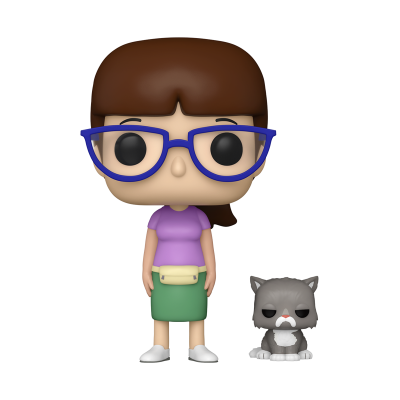 Funko Pop de mulher com óculos azuis e gato cinzento