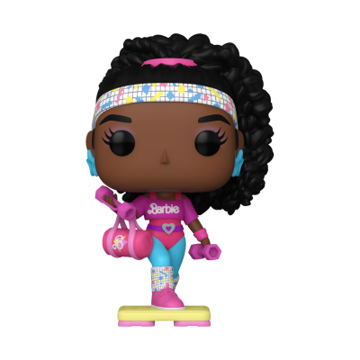 Boneca colecionável Funko Pop com roupa de treino rosa e azul e faixa de cabeça multicolorida com skate