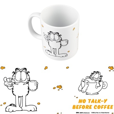 Caneca branca com desenhos do Garfield e frase sobre café.