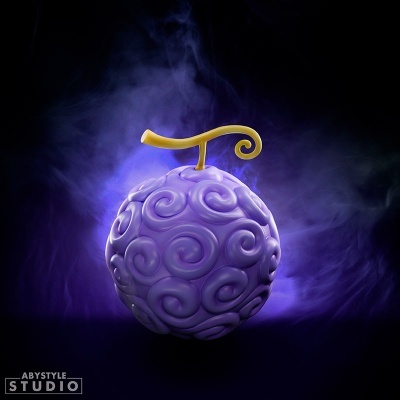 Esfera lilás com textura espiral e caule amarelo num fundo escuro com névoa roxa.