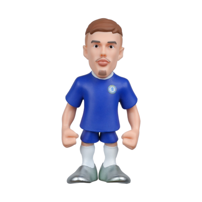 Boneco de jogador de futebol com uniforme azul e emblema do Chelsea