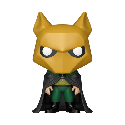 Figura Funko Pop com máscara amarela de raposa, capa preta e fato verde